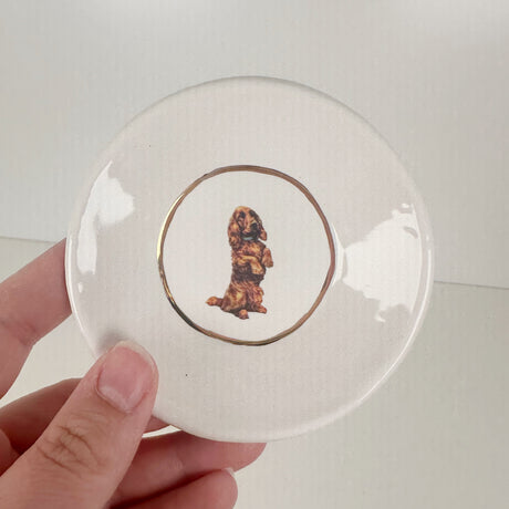 White Dish Featuring Vintage Artwork & Hook for Hanging - Sitting Dog | Jessica Walker