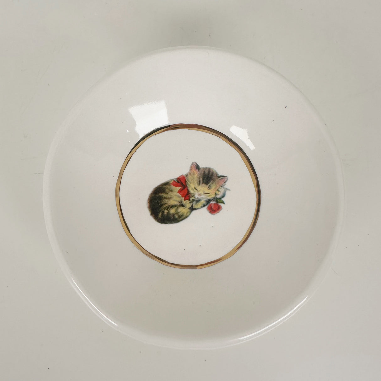 White Dish Featuring Vintage Artwork & Hook for Hanging - Sleeping Kitten | Jessica Walker