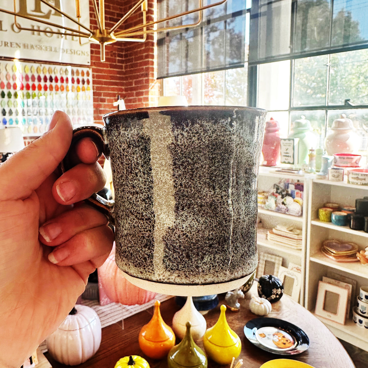 Speckled Light Blue and Navy Mug with Brown Rim | Pottery by Mike