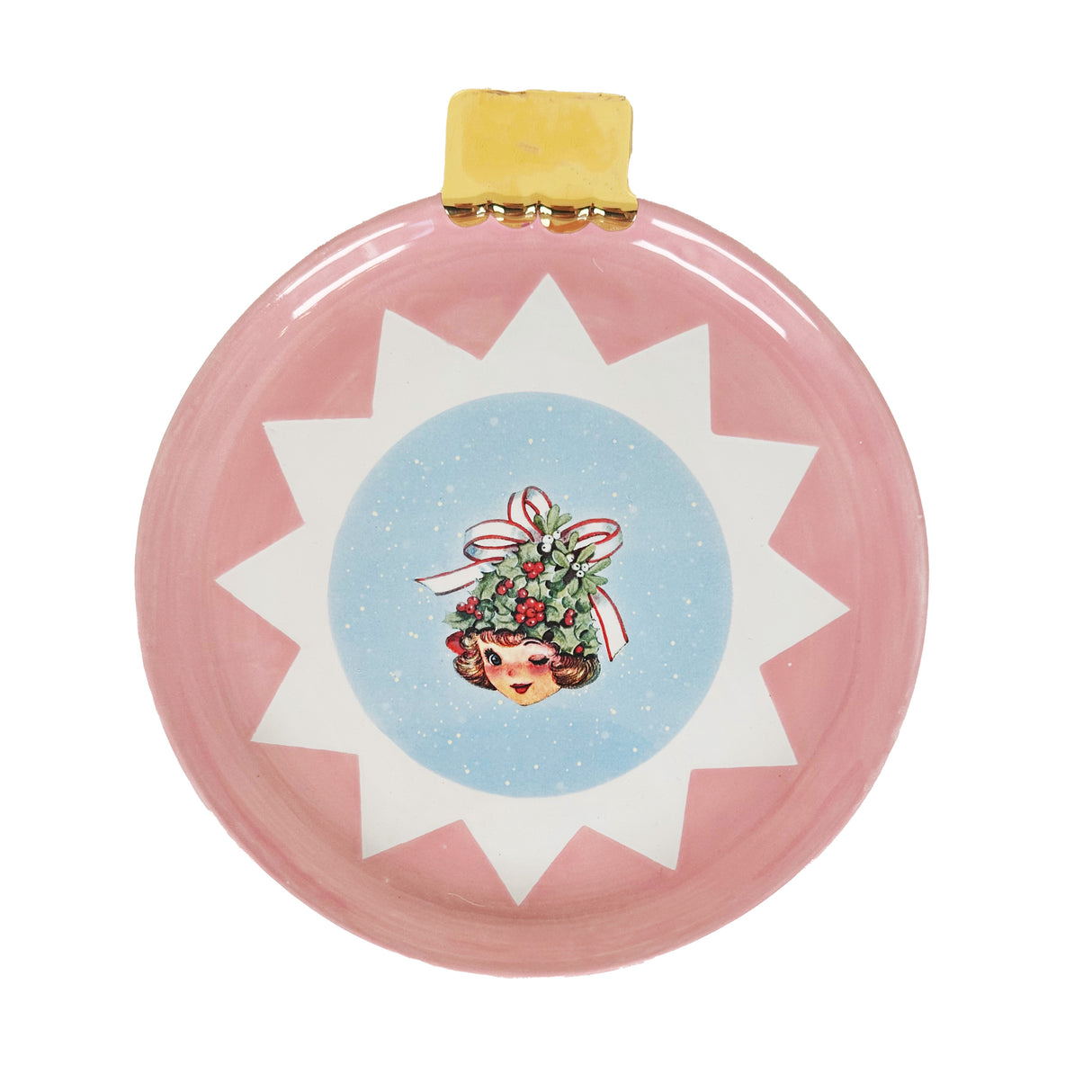 Ornament Plate Featuring Vintage Artwork and 22k Gold Accents- Pink Christmas Tree Girl