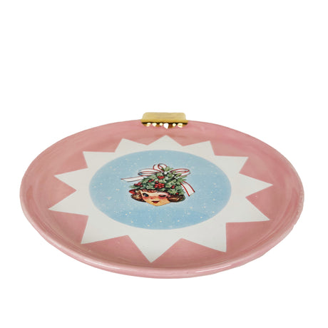 Ornament Plate Featuring Vintage Artwork and 22k Gold Accents- Pink Christmas Tree Girl