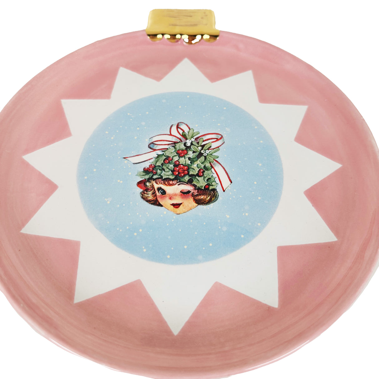 Ornament Plate Featuring Vintage Artwork and 22k Gold Accents- Pink Christmas Tree Girl