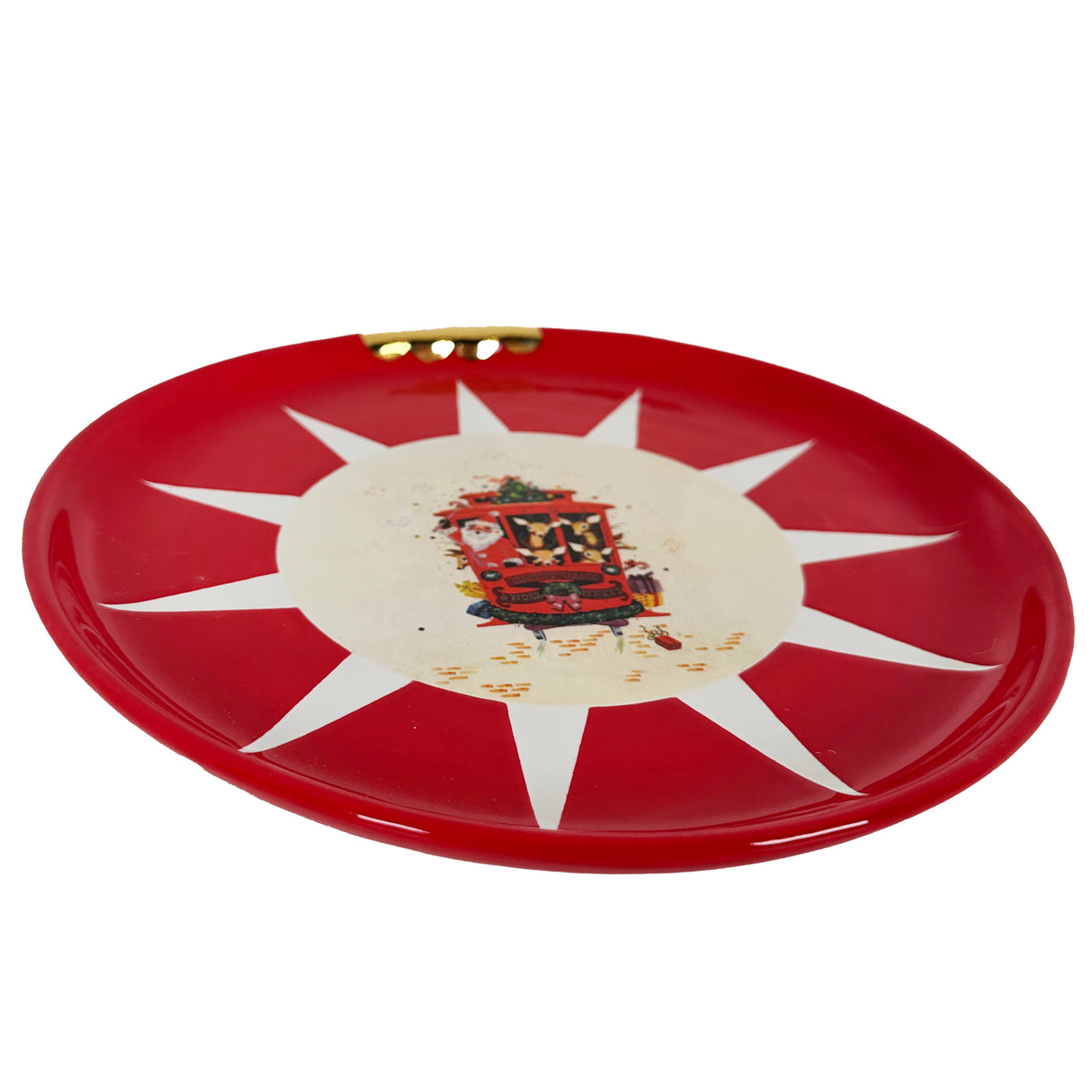 Ornament Plate Featuring Vintage Artwork and 22k Gold Accents- Red Santa Claus Tram Car