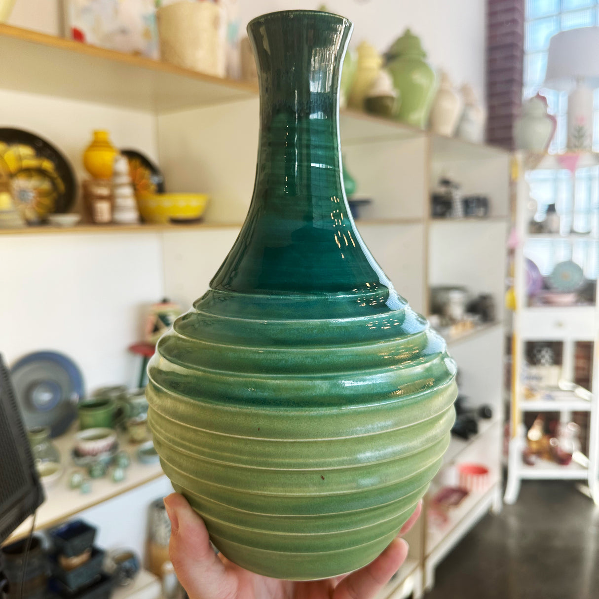 Teal & Lily Pad Green Skinny Necked Vase | Once & Future Things
