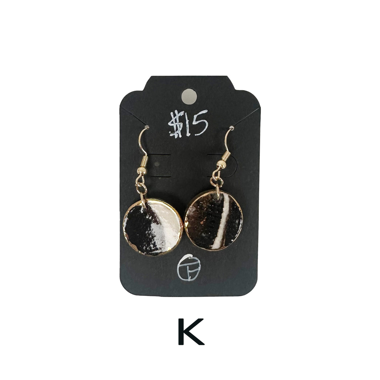 Black & White Marbled Ceramic Earrings Featuring Gold Accents- Multiple Shapes & Styles Available