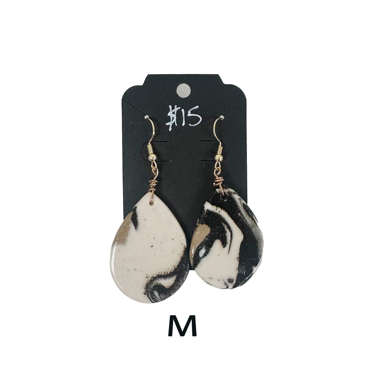 Black & White Marbled Ceramic Earrings Featuring Gold Accents- Multiple Shapes & Styles Available