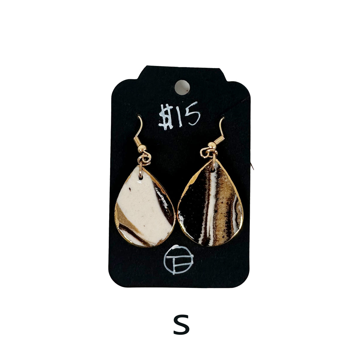 Black & White Marbled Ceramic Earrings Featuring Gold Accents- Multiple Shapes & Styles Available