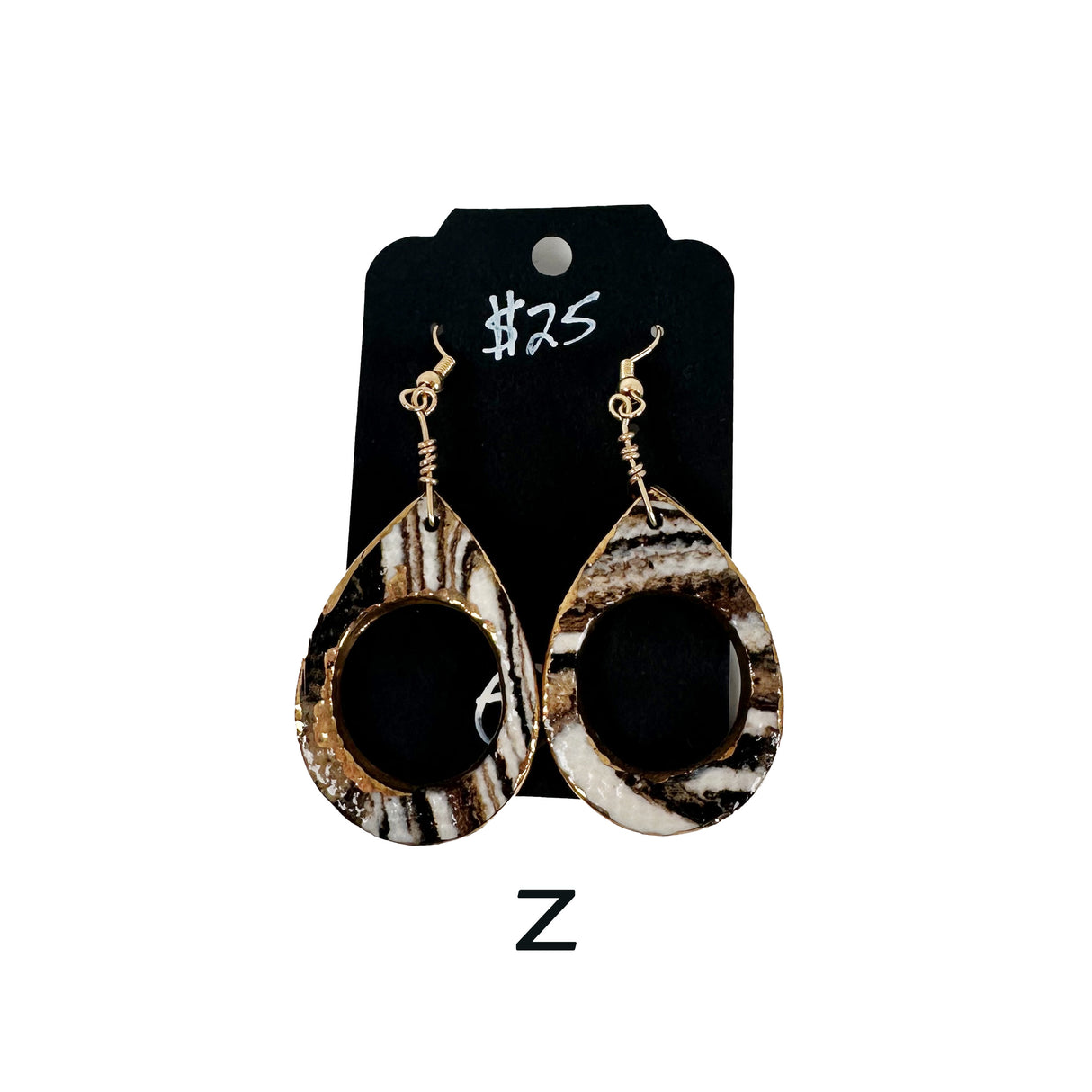 Black & White Marbled Ceramic Earrings Featuring Gold Accents- Multiple Shapes & Styles Available