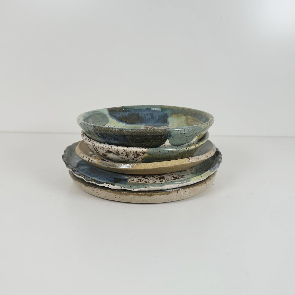 Winter Woods and Blue Green Speckled Stoneware Dishes | Madeleine Schmidt