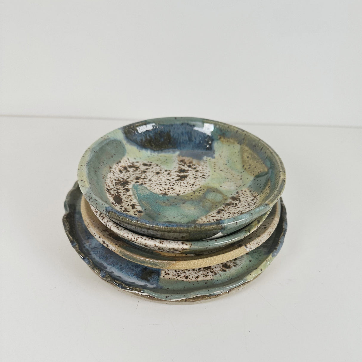 Winter Woods and Blue Green Speckled Stoneware Dishes | Madeleine Schmidt