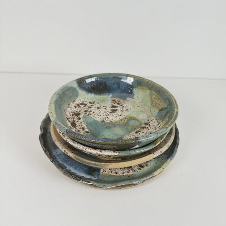 Winter Woods and Blue Green Speckled Stoneware Dishes | Madeleine Schmidt