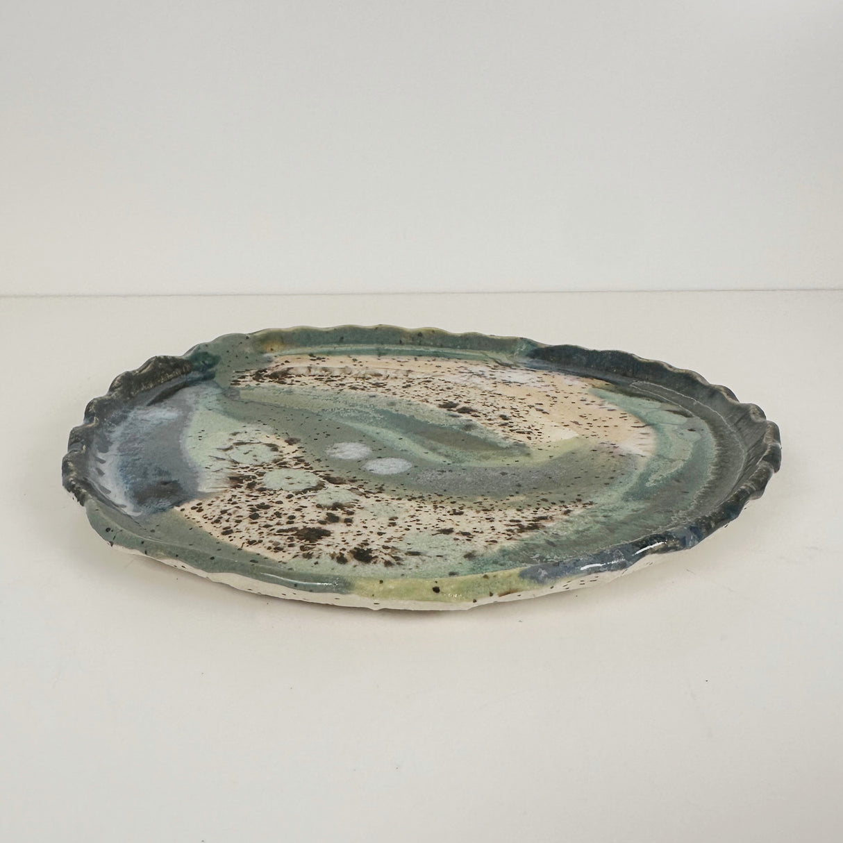 Winter Woods and Blue Green Speckled Stoneware Dishes | Madeleine Schmidt