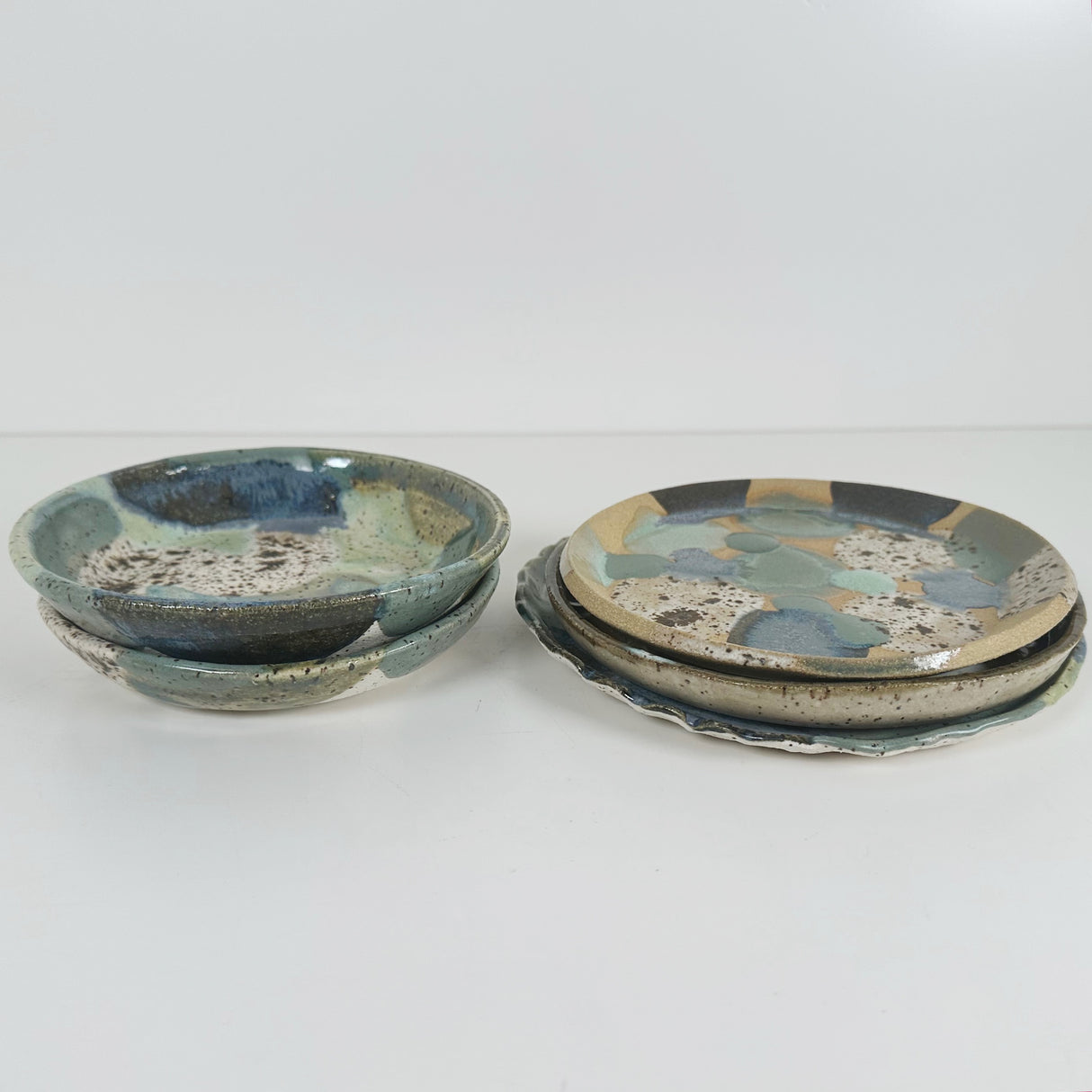 Winter Woods and Blue Green Speckled Stoneware Dishes | Madeleine Schmidt