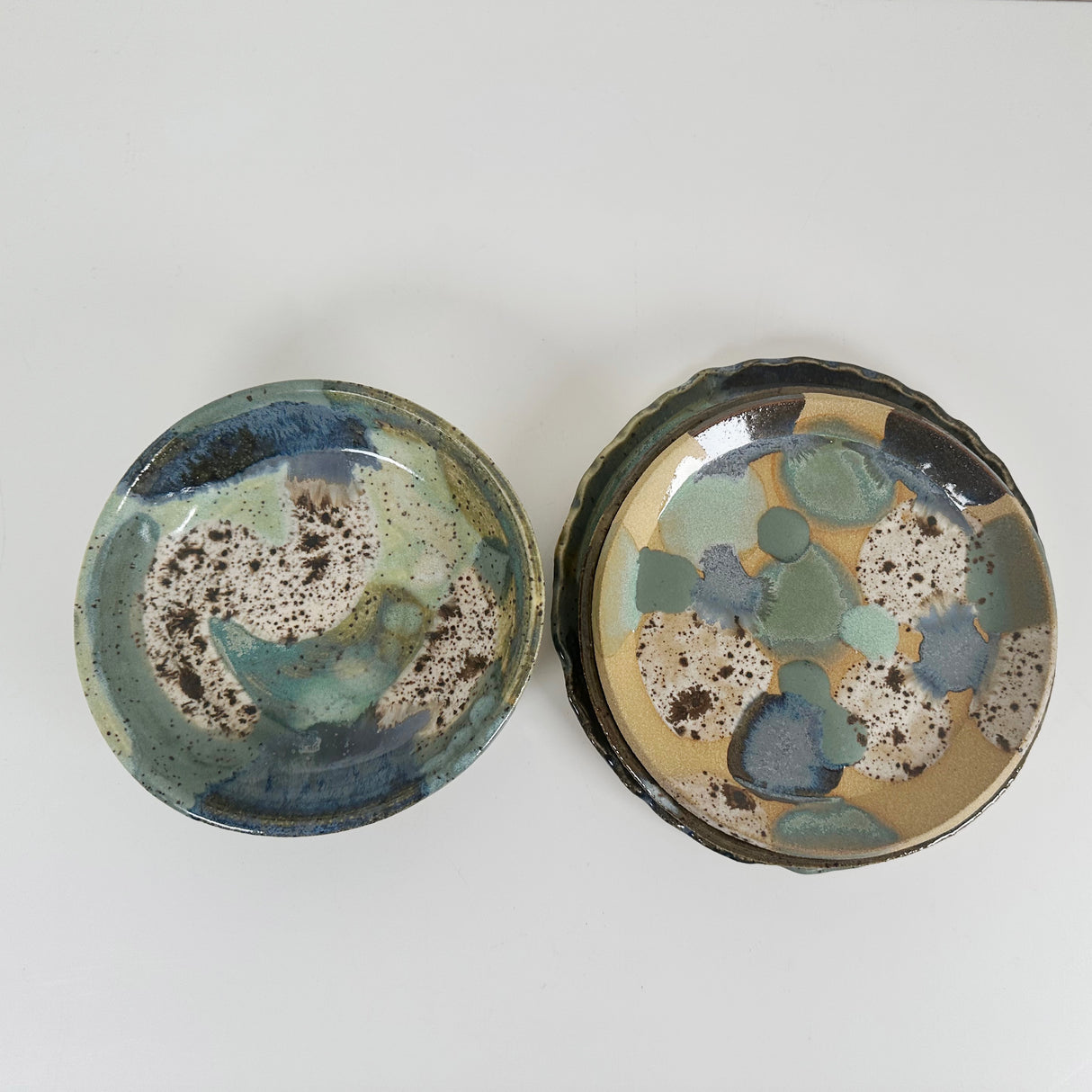 Winter Woods and Blue Green Speckled Stoneware Dishes | Madeleine Schmidt