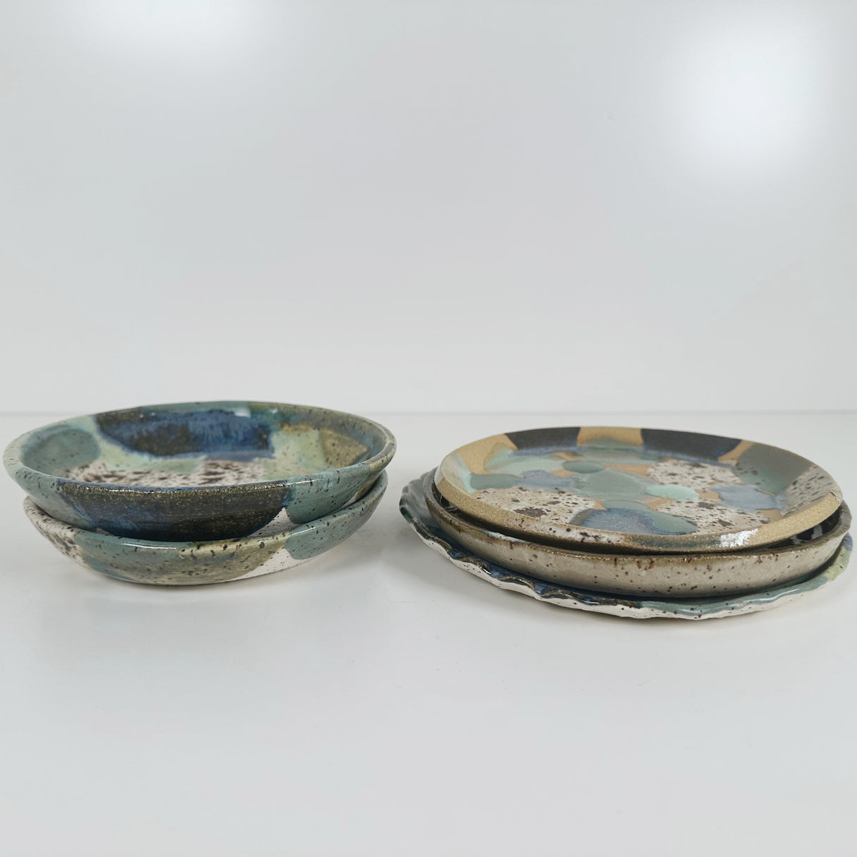 Winter Woods and Blue Green Speckled Stoneware Dishes | Madeleine Schmidt