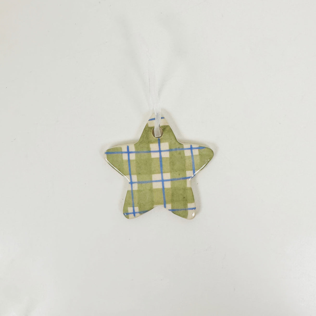 Hand Painted Green Plaid Star Ceramic Ornament | Terra Clay