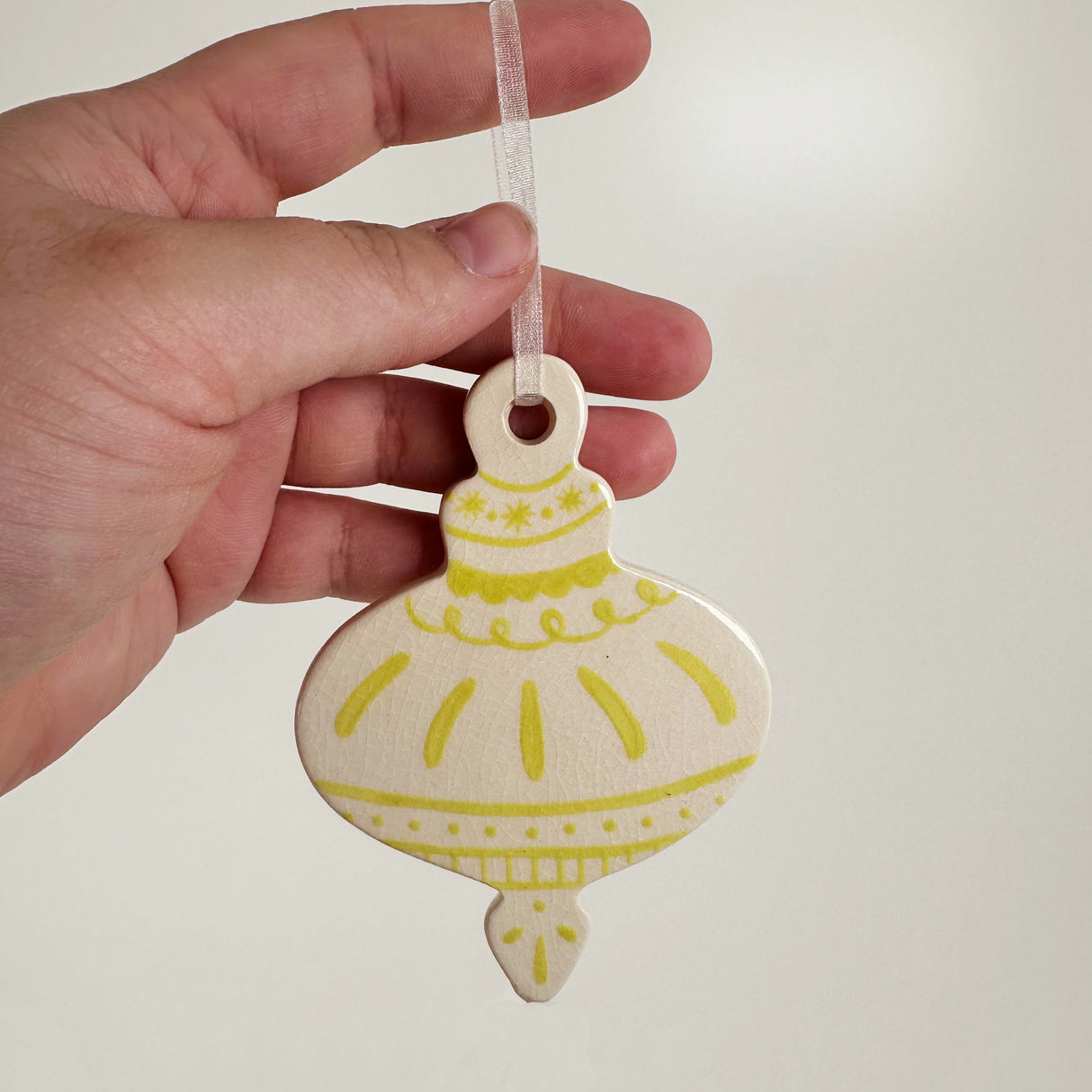 Hand Painted Flat Chartreuse Green Patterned Bauble Ceramic Ornament | Terra Clay
