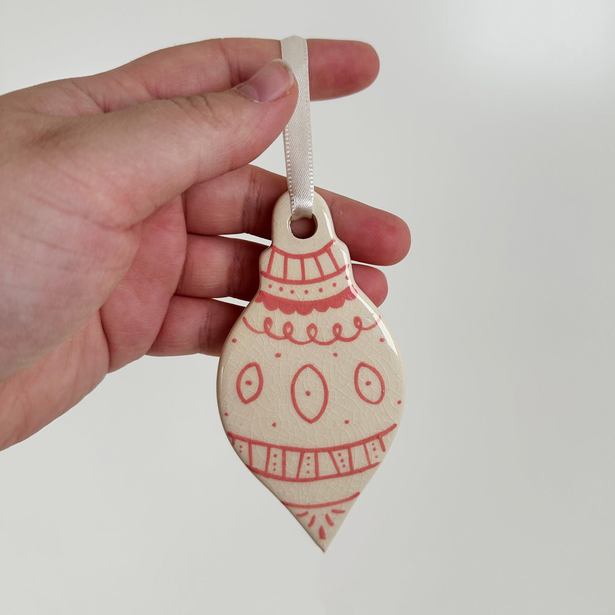 Hand Painted Flat Reddish Pink Patterned Bauble Ceramic Ornament | Terra Clay