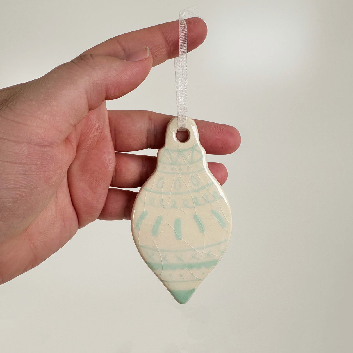 Hand Painted Flat Light Turquoise Patterned Bauble Ceramic Ornament | Terra Clay
