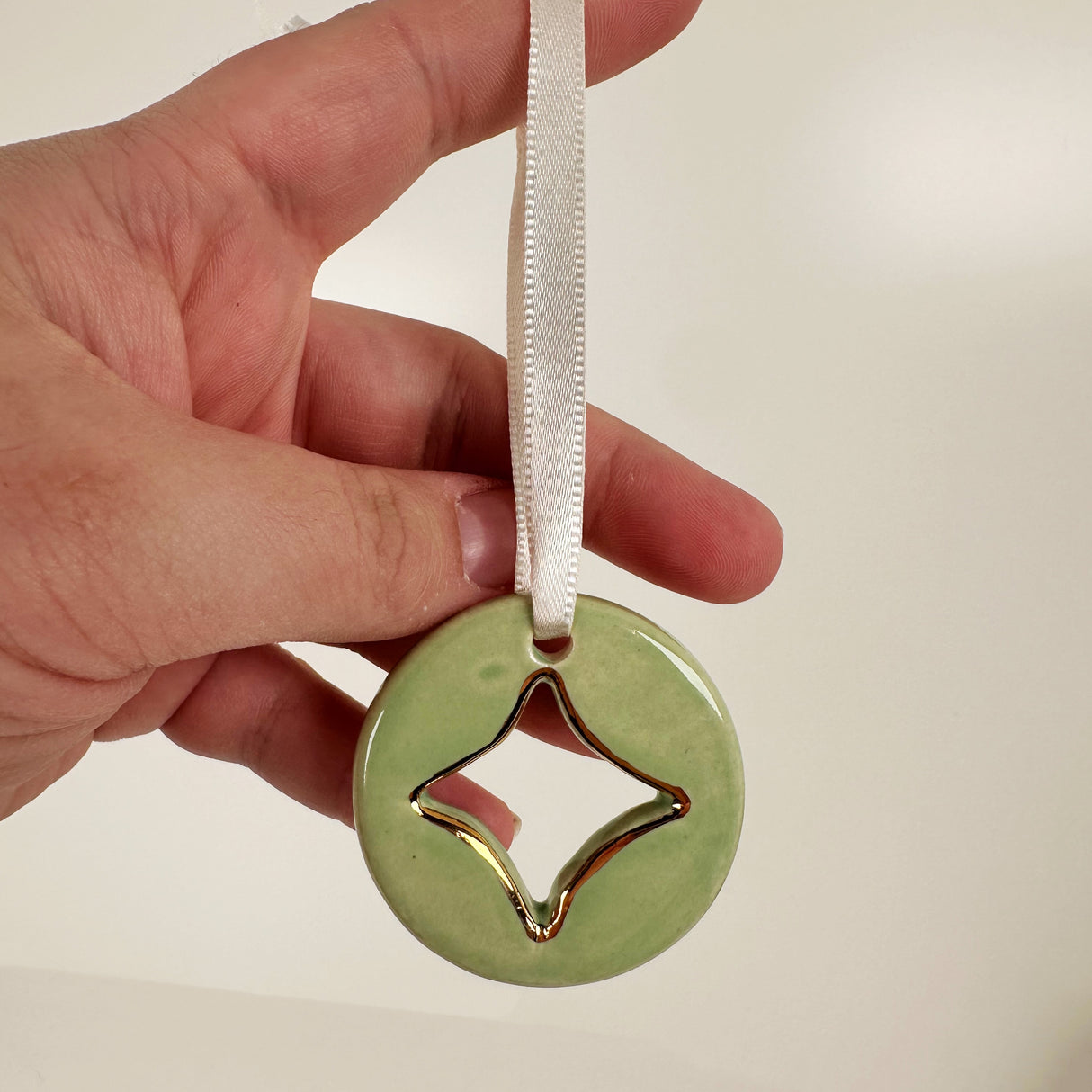 Hand Painted Diamond Cut Out Ceramic Ornament in Sea Foam Green | Terra Clay