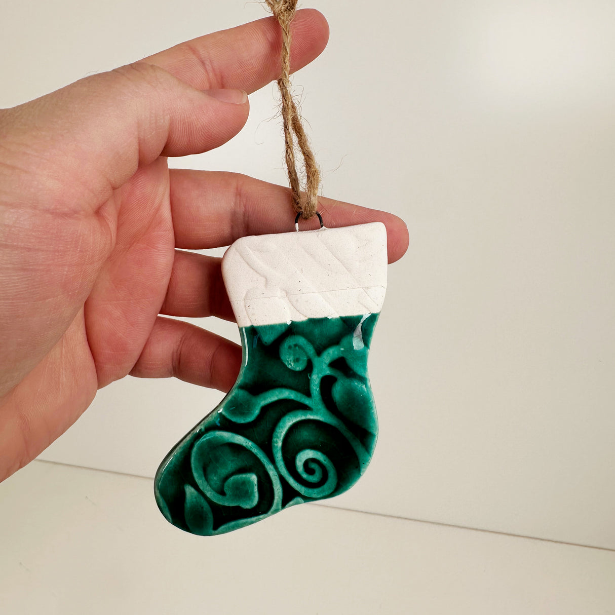 Ceramic Deep Green Stocking Ornament- C | Once & Future Things