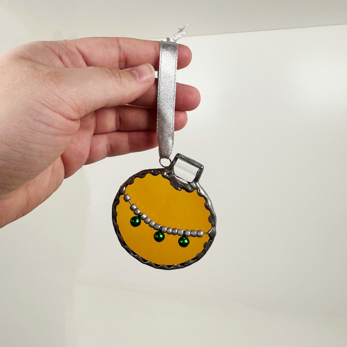 Deep Yellow Stained Glass Bauble Ornament with Bead Charms | Art Glass by Anne