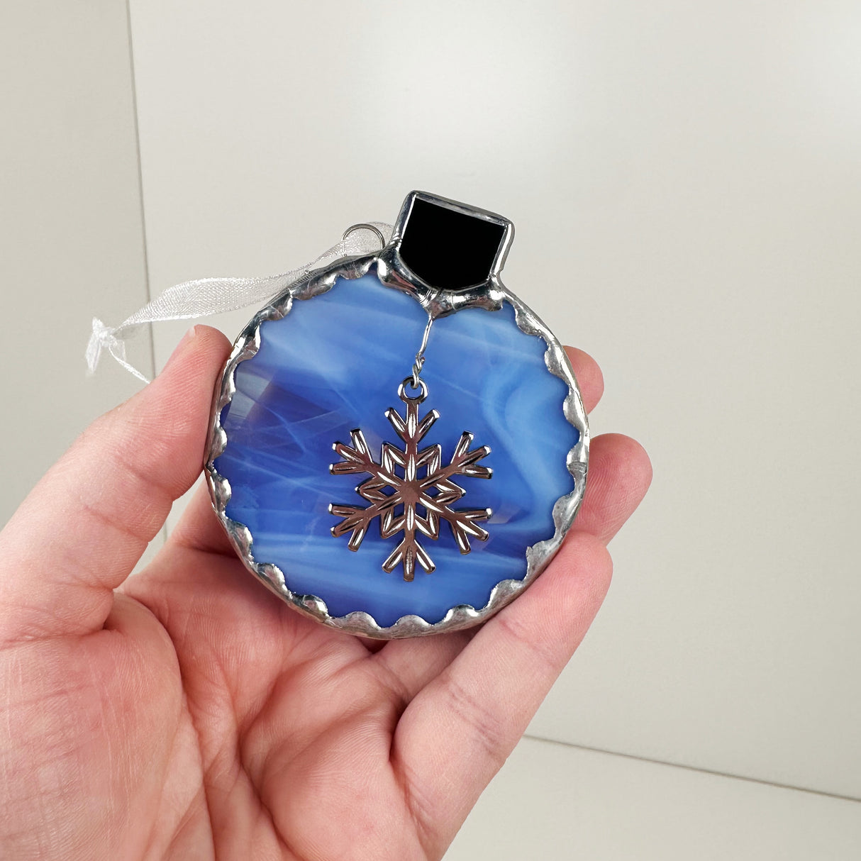 Swirling Blue & White Stained Glass Bauble Ornament with Snowflake Charm | Art Glass by Anne