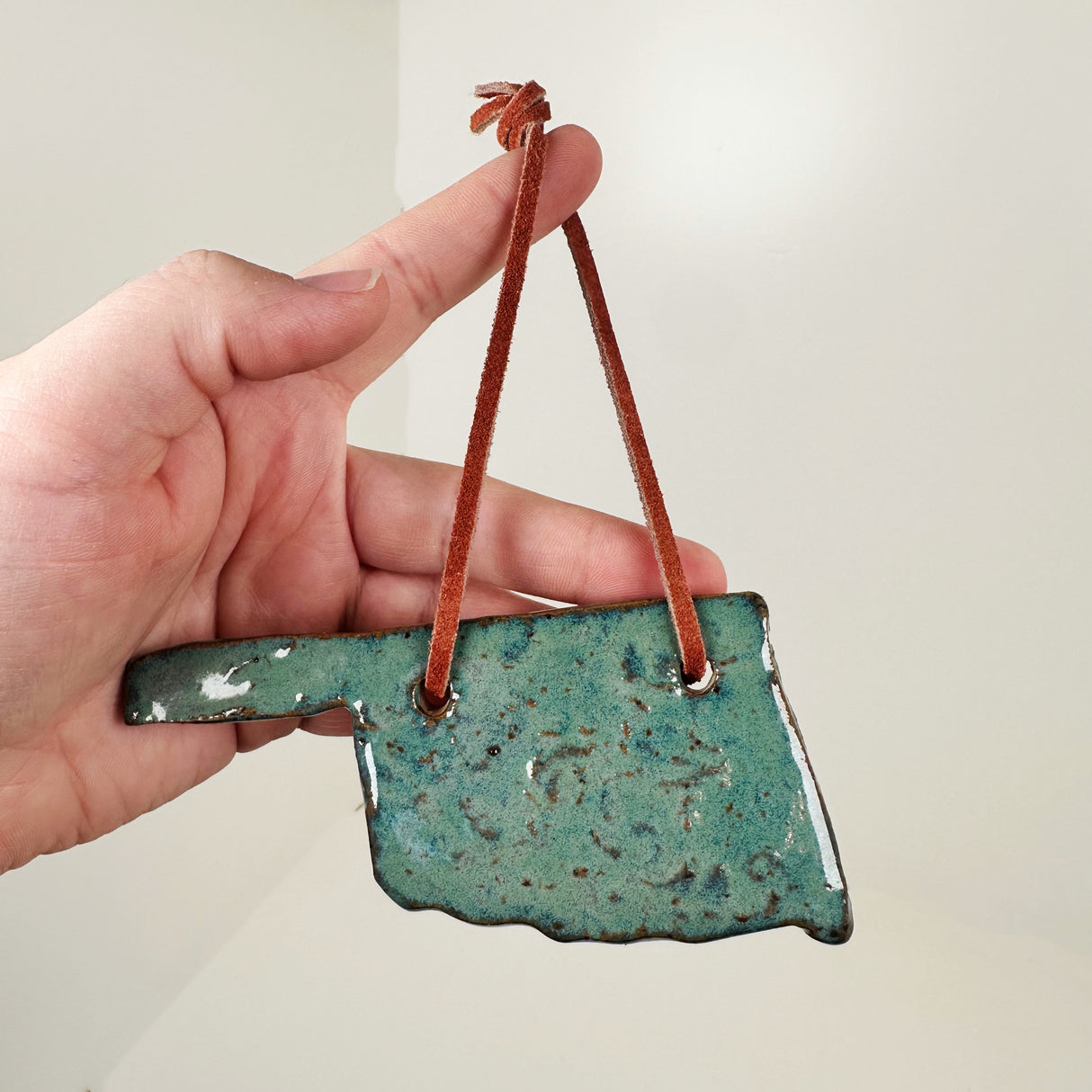 Blue Green Oklahoma Shaped Ornament | Triska Pottery