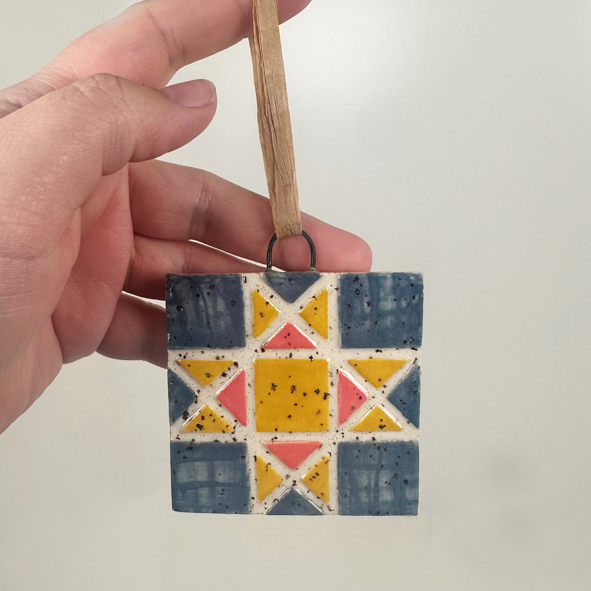 Blue, Gold, & Pink Ceramic Quilt Ornament | Perrier Pottery