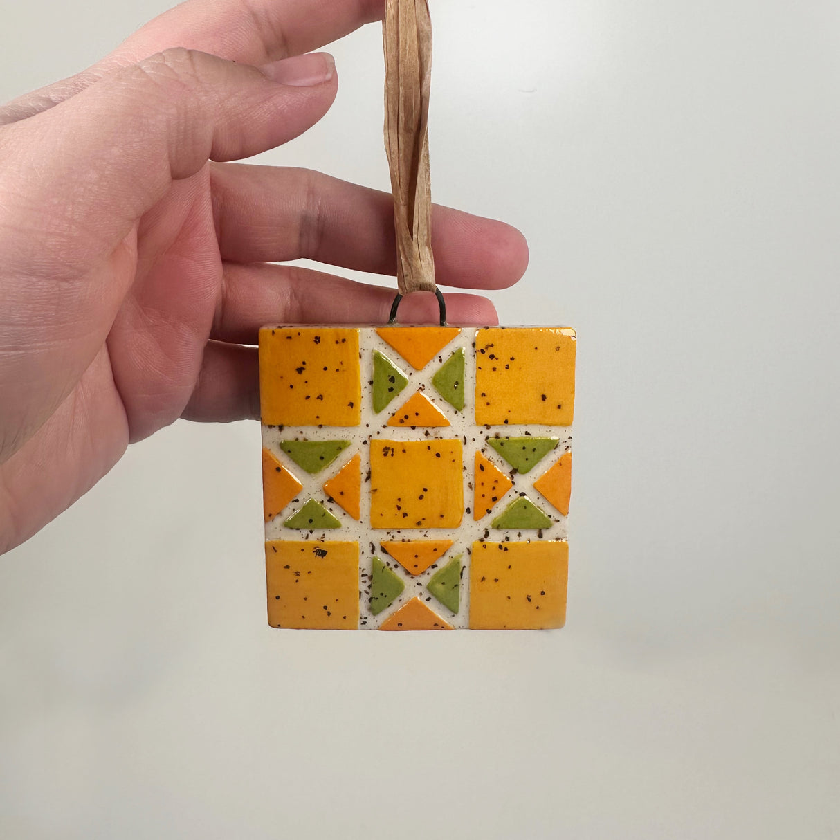 Yellow & Green Ceramic Quilt Ornament | Perrier Pottery