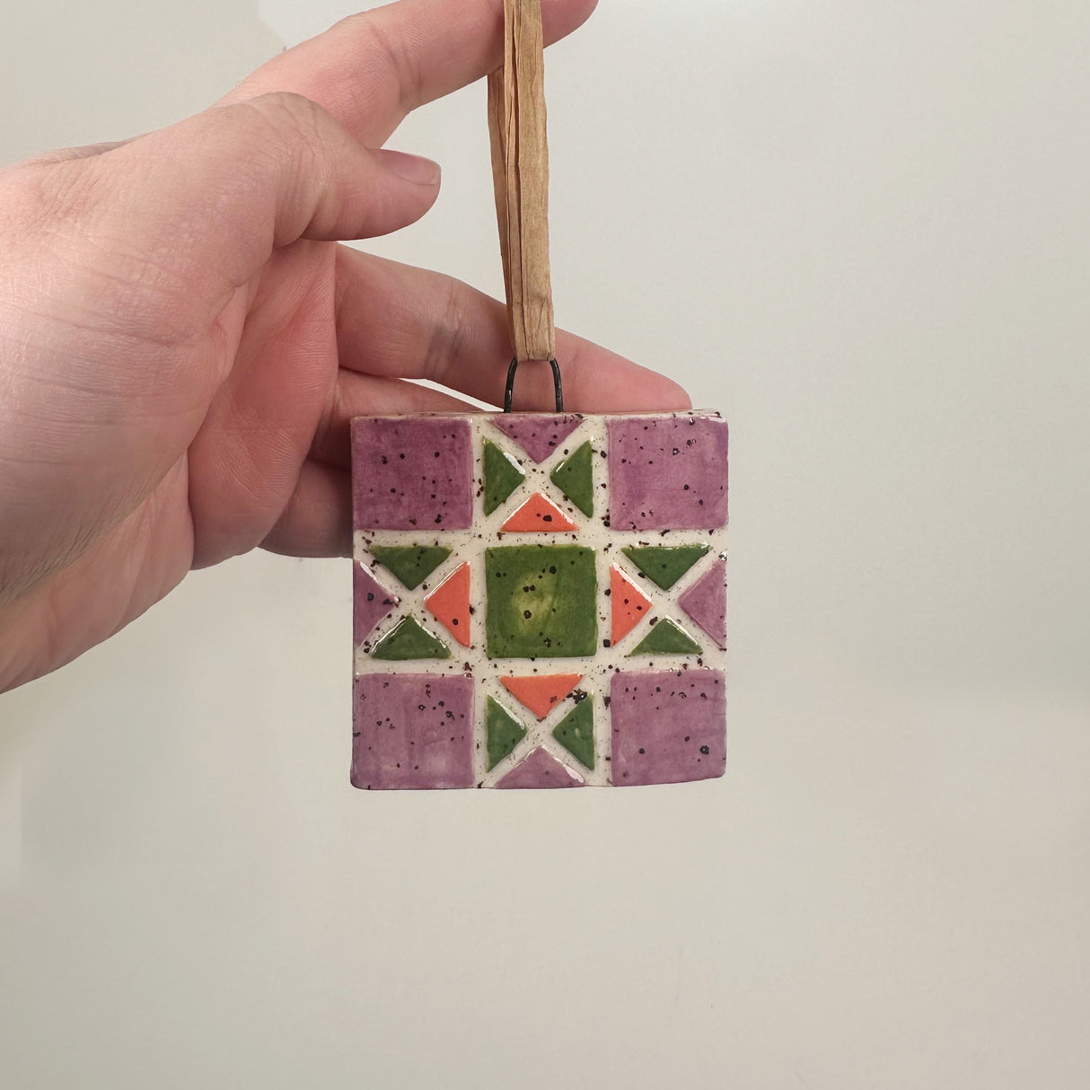 Purple, Green, & Pink Ceramic Quilt Ornament | Perrier Pottery