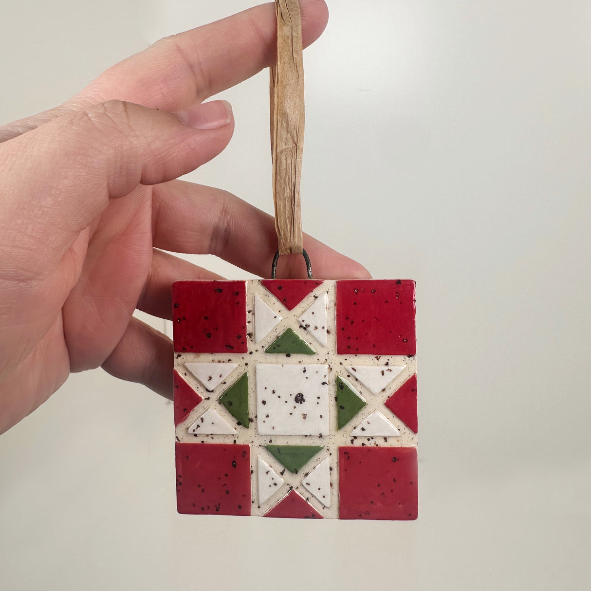 Red, White, & Green Ceramic Quilt Ornament | Perrier Pottery