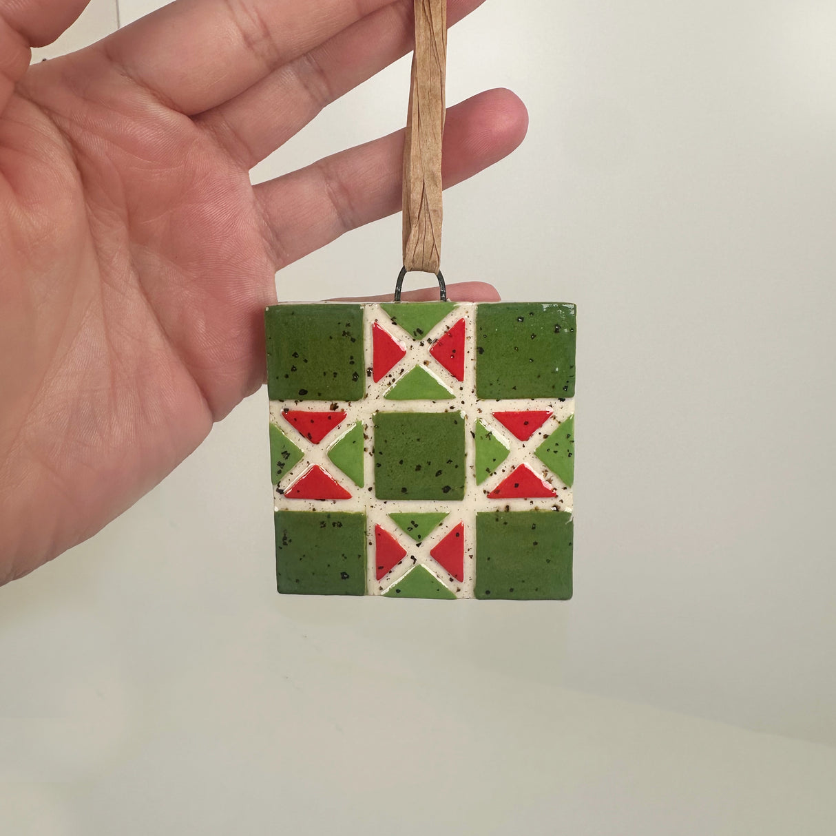 Green & Red Ceramic Quilt Ornament | Perrier Pottery