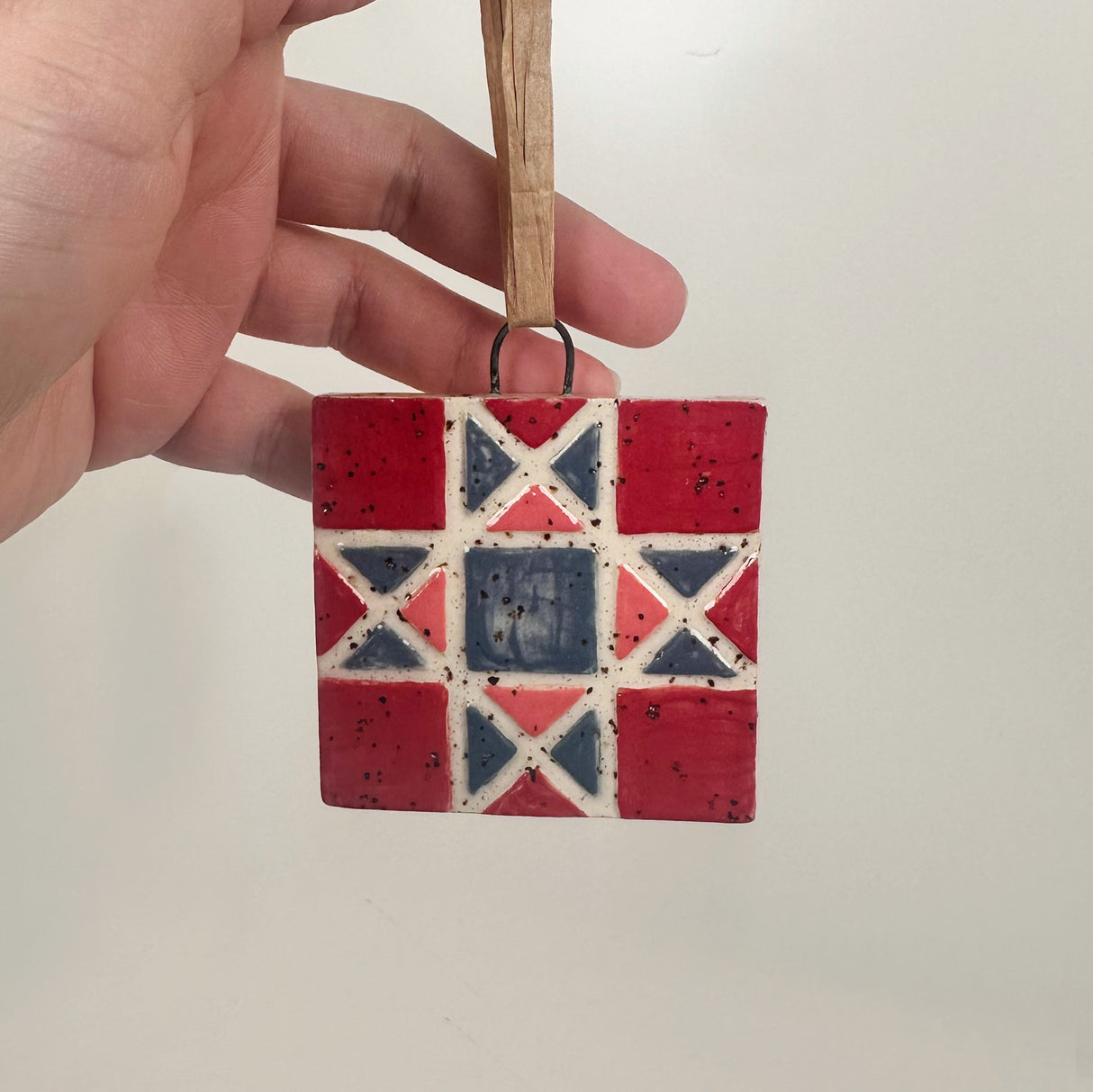 Red, Navy, & Pink Ceramic Quilt Ornament | Perrier Pottery
