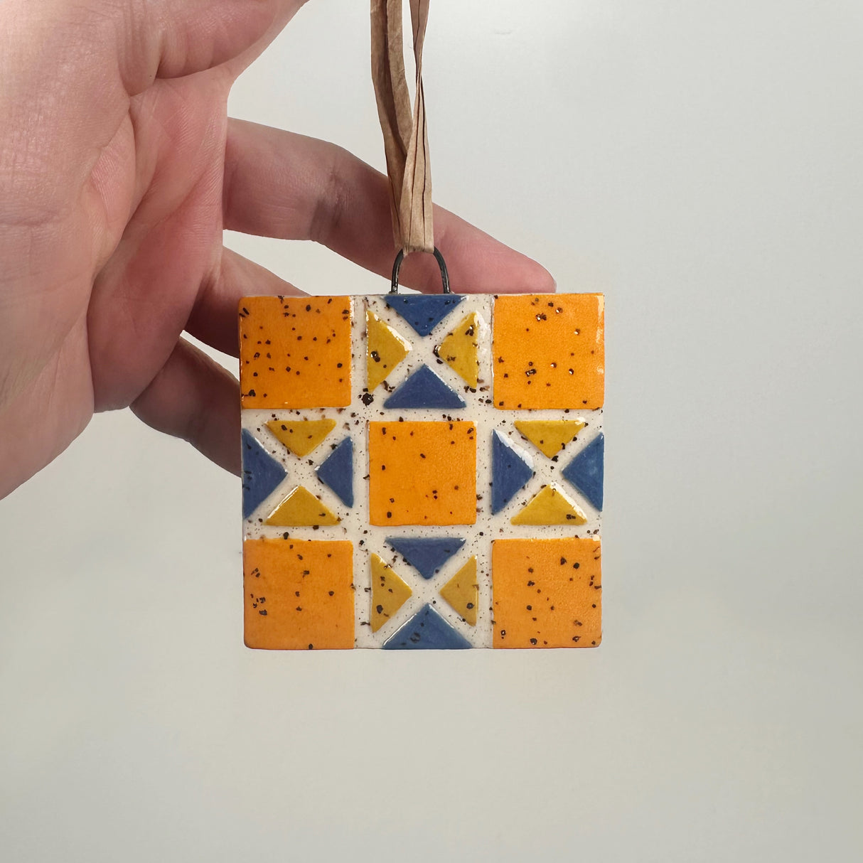 Yellow & Blue Ceramic Quilt Ornament | Perrier Pottery