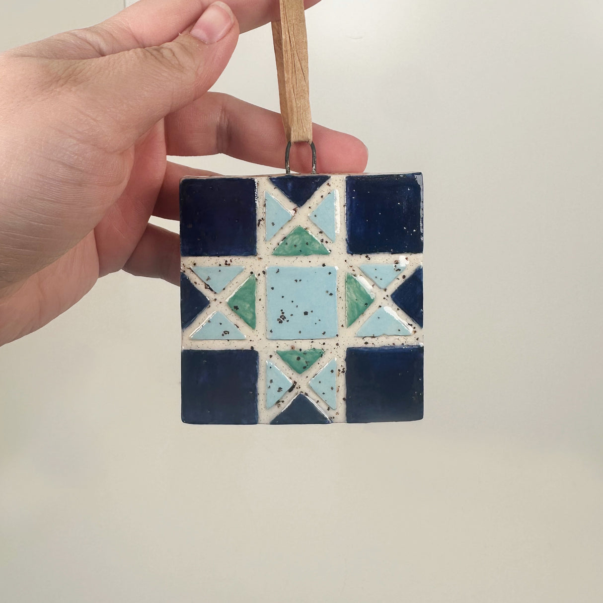 Navy, Light Blue, & Green Ceramic Quilt Ornament | Perrier Pottery