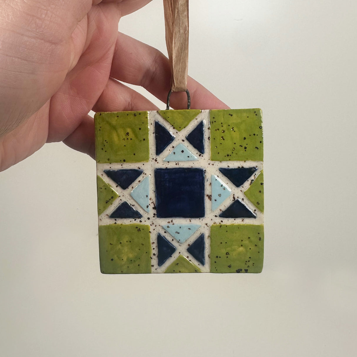 Green, Navy, & Ice Blue Ceramic Quilt Ornament | Perrier Pottery