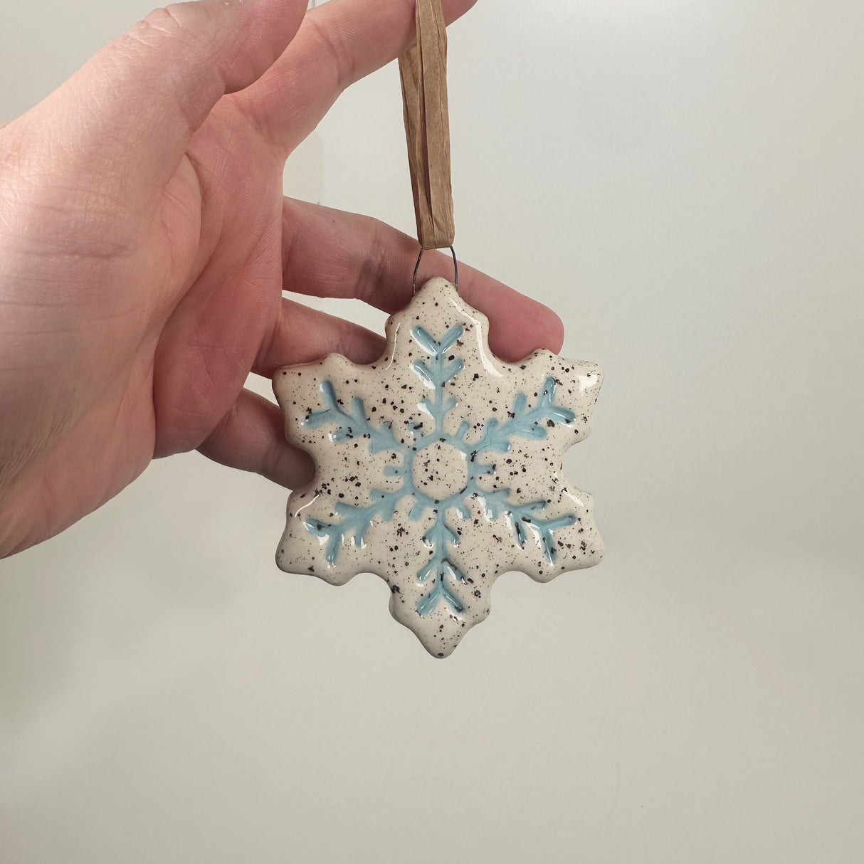 Speckled White & Ice Blue Snowflake Ornament- A | Perrier Pottery