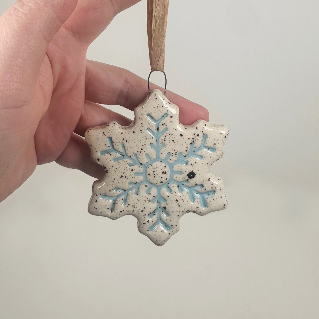 Speckled White & Ice Blue Snowflake Ornament- B | Perrier Pottery