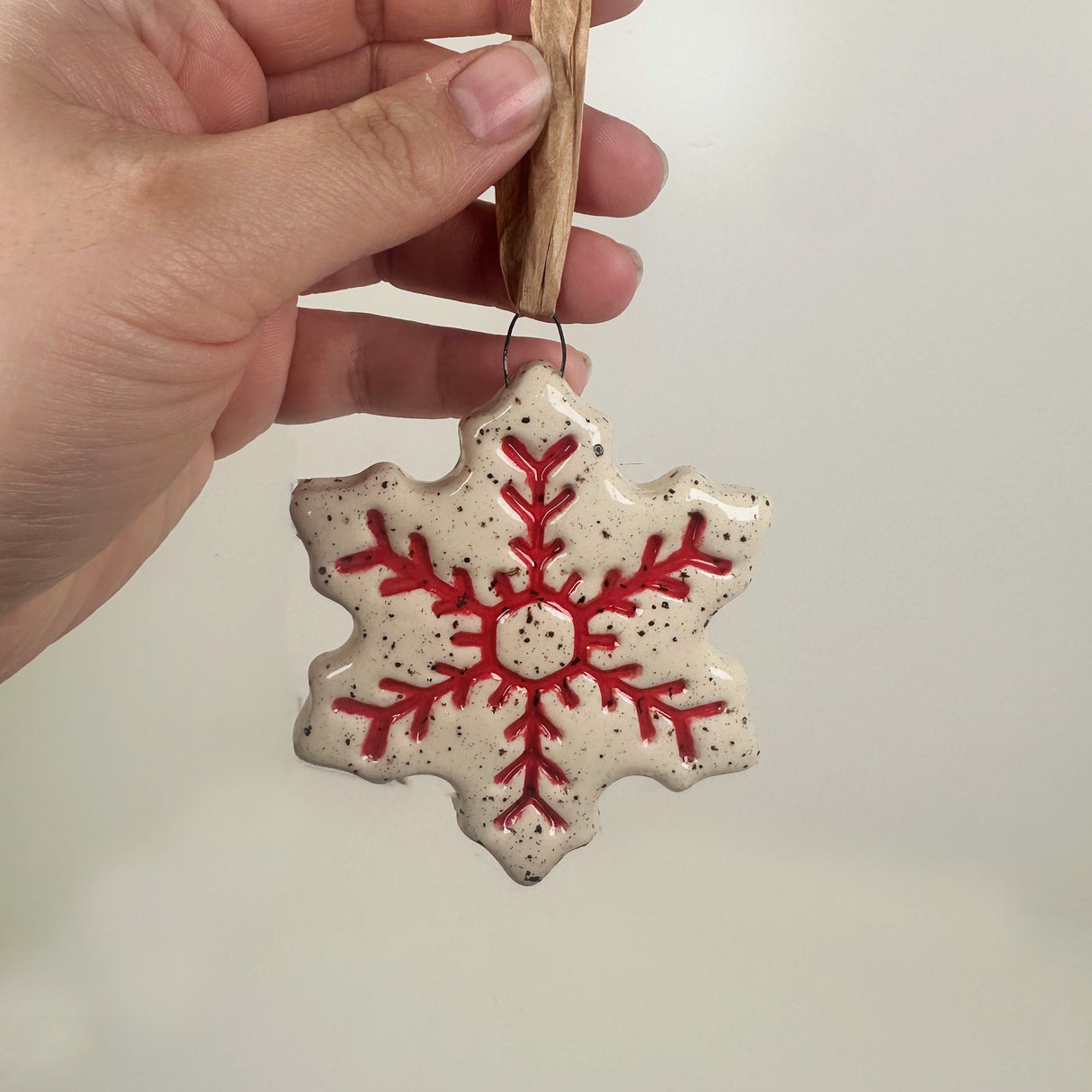 Speckled White & Red Snowflake Ornament- B | Perrier Pottery