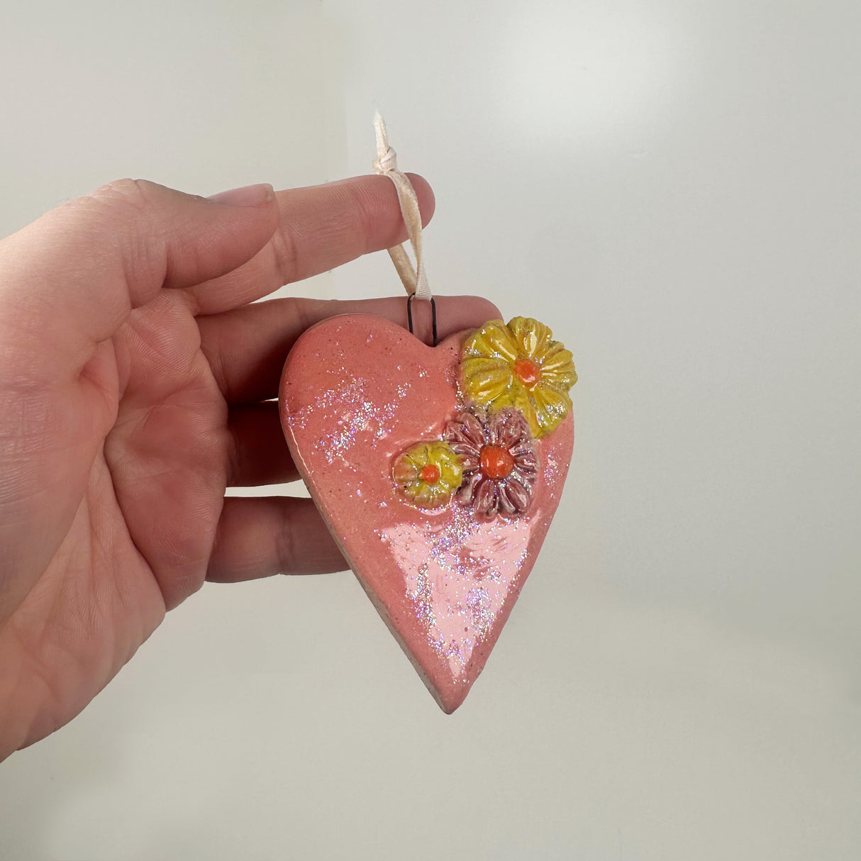 Pink Sparkle Heart Ornament- A | Lazy Clay Lady