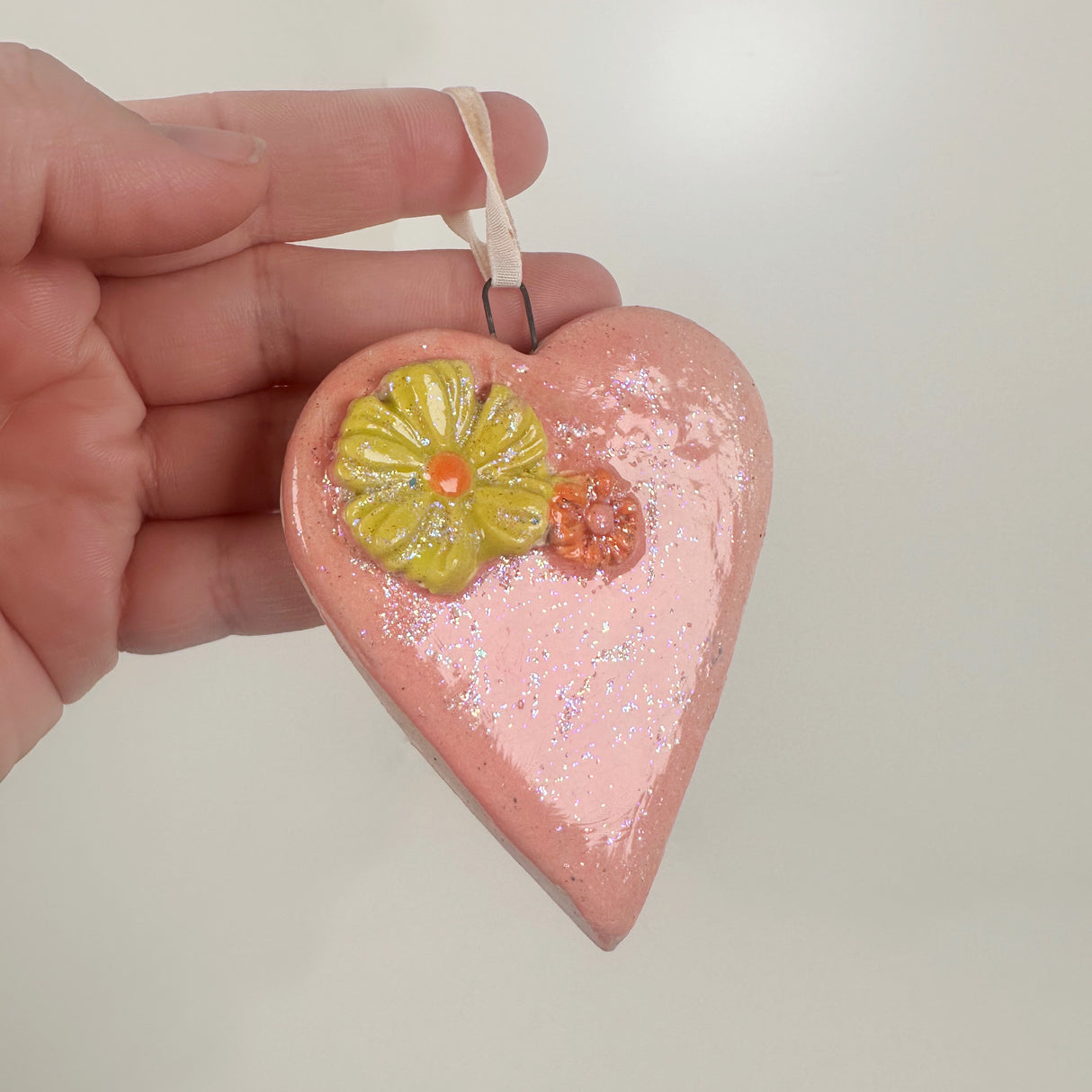Pink Sparkle Heart Ornament- B | Lazy Clay Lady
