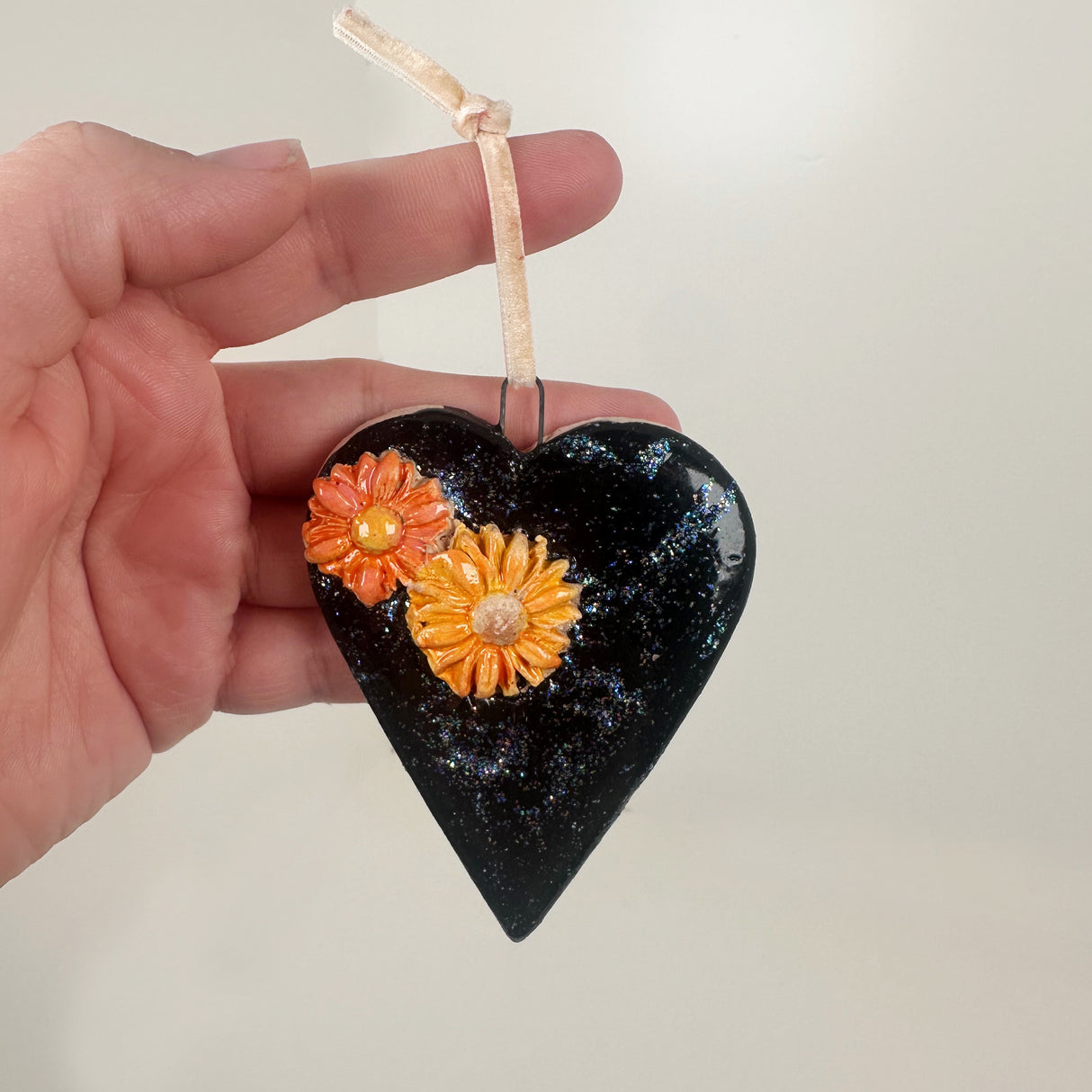 Black Sparkle Heart Ornament- A | Lazy Clay Lady