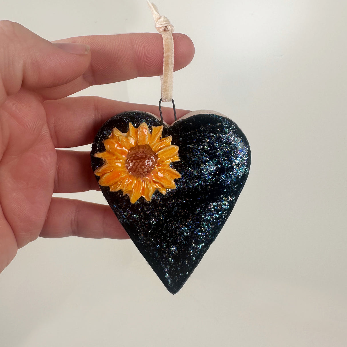 Black Sparkle Heart Ornament- B | Lazy Clay Lady