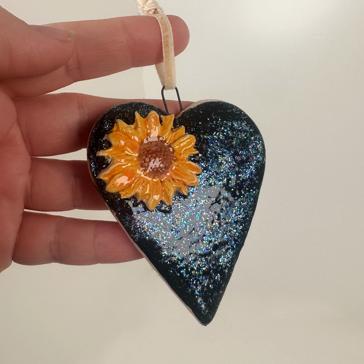 Black Sparkle Heart Ornament- B | Lazy Clay Lady