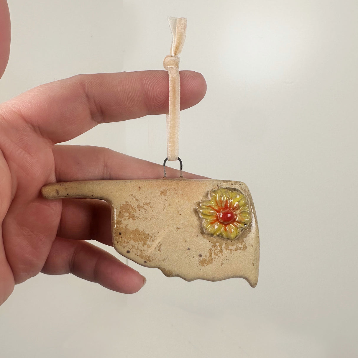Warm Cream Oklahoma Shaped Ornament with Flower- A | Lazy Clay Lady