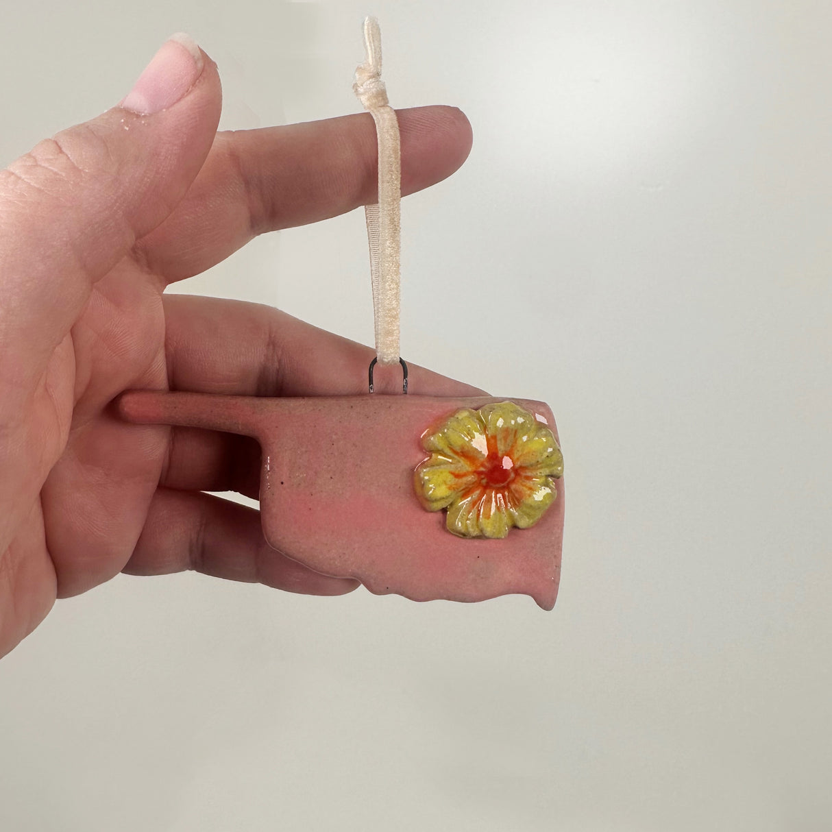 Warm Pink Oklahoma Shaped Ornament with Flower- B | Lazy Clay Lady