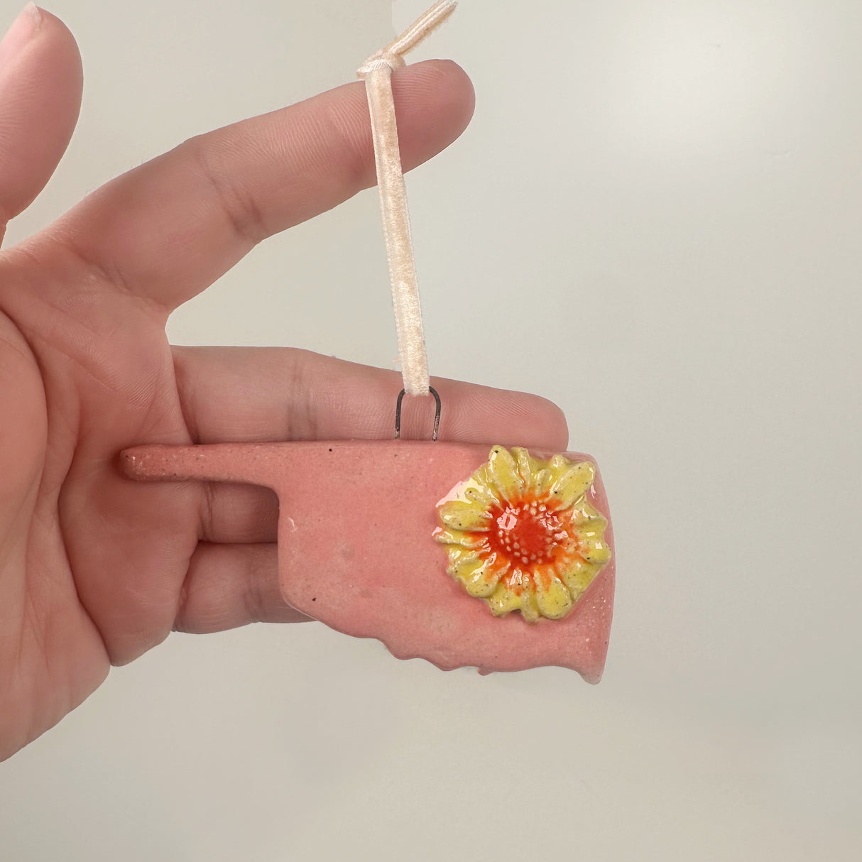 Warm Pink Oklahoma Shaped Ornament with Flower- A | Lazy Clay Lady