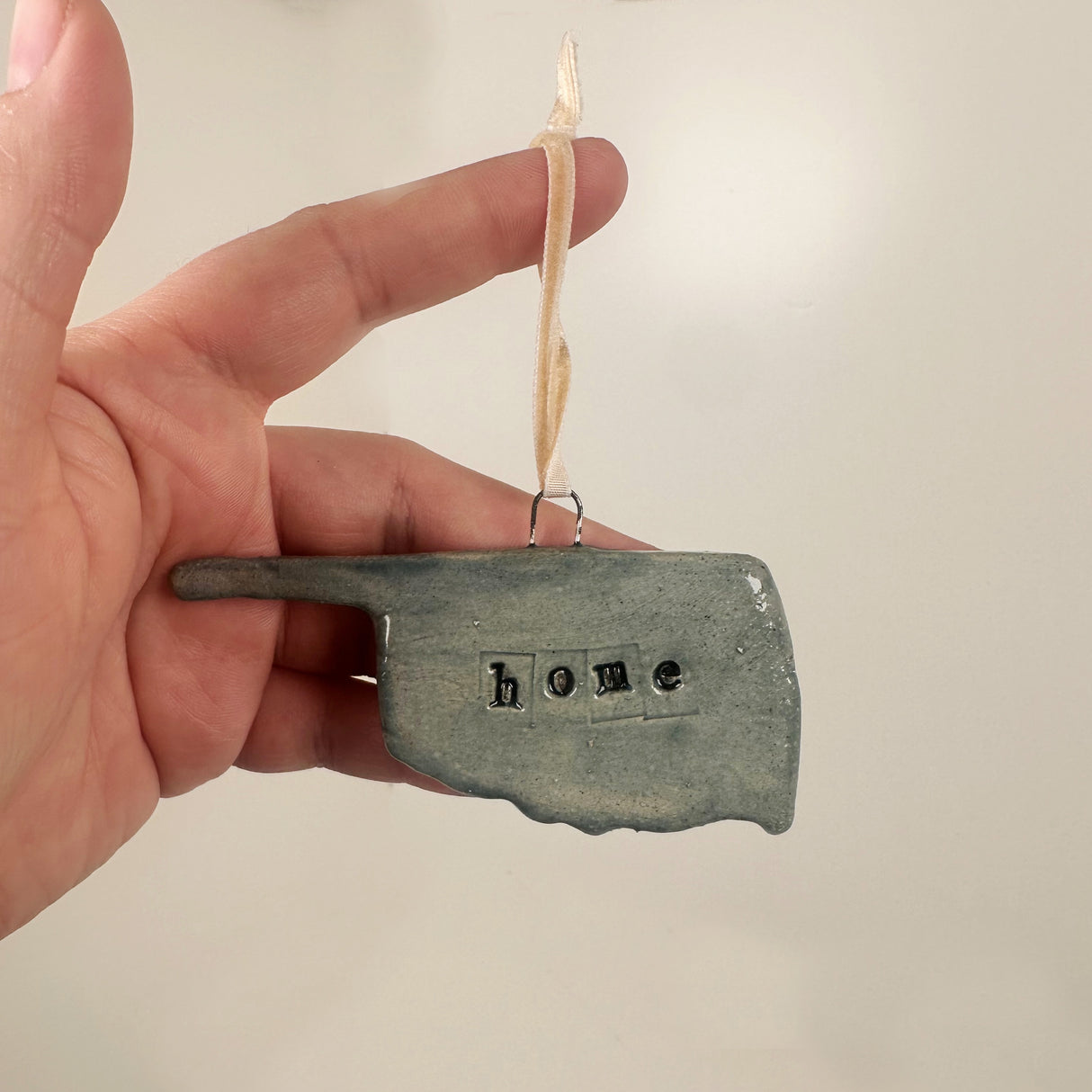 Blue Oklahoma Shaped Ornament with "Home" Text- A | Lazy Clay Lady