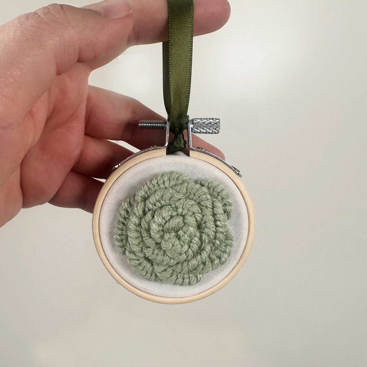 Embroidery Hoop Ornament Green Crocheted Flower | Dangit Design